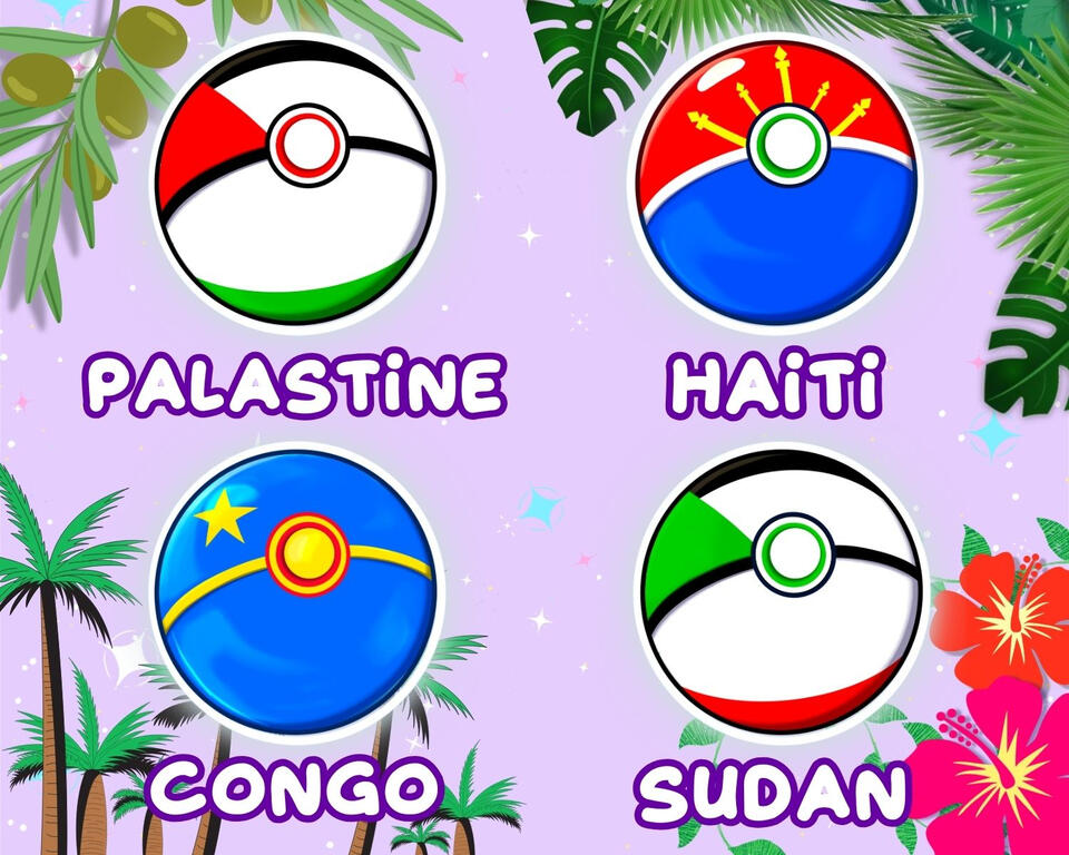 4 Pokeballs. Each colored with the flags of the following countries: Congo, Sudan, Palestine, Haiti